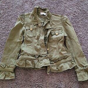 Valentino Red Ruffle Button Front Denim Jacket in Olive